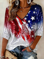 Retro Flag Art V Neck Linen Tops