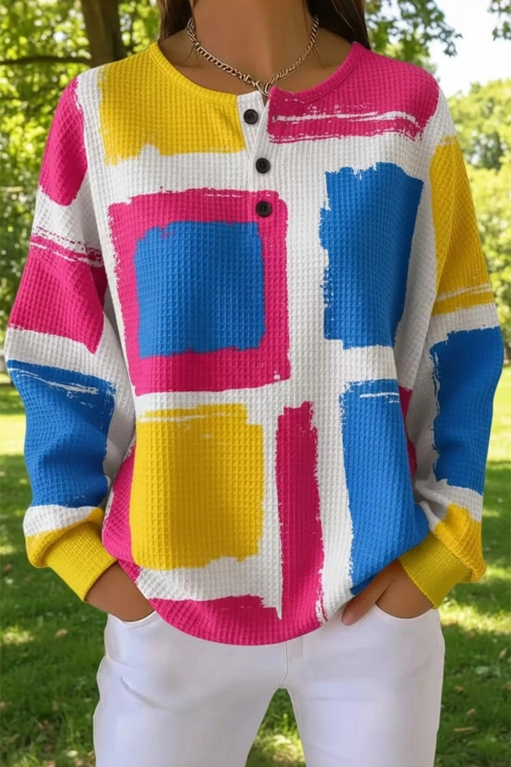 Casual Henley Collar Multicolor BlockWaffle Sweatshirt