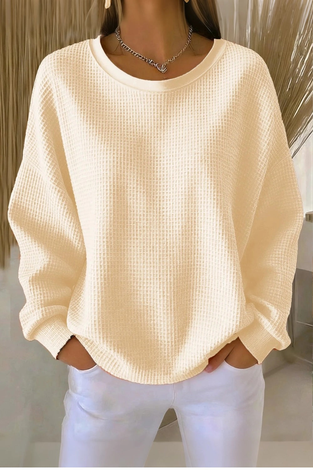 Women'sCasual Plain Crew Neck Waffle Sweatshirt