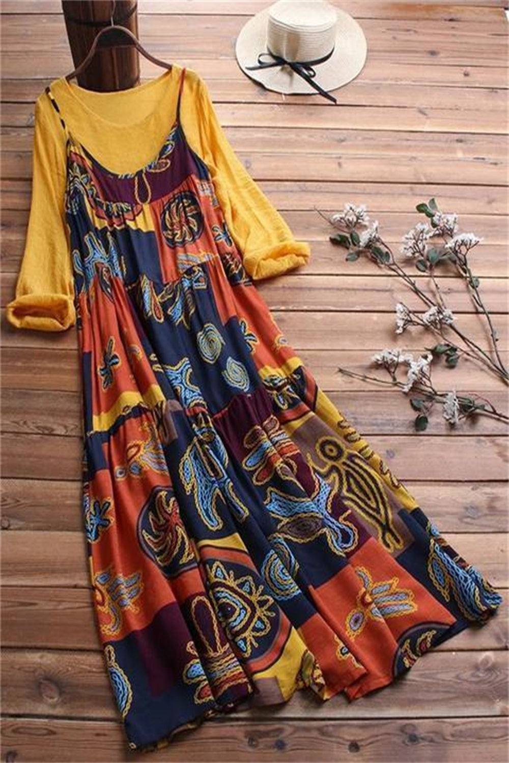 Character Print Round Neck Long Sleeves Maxi Two Piece Dress
