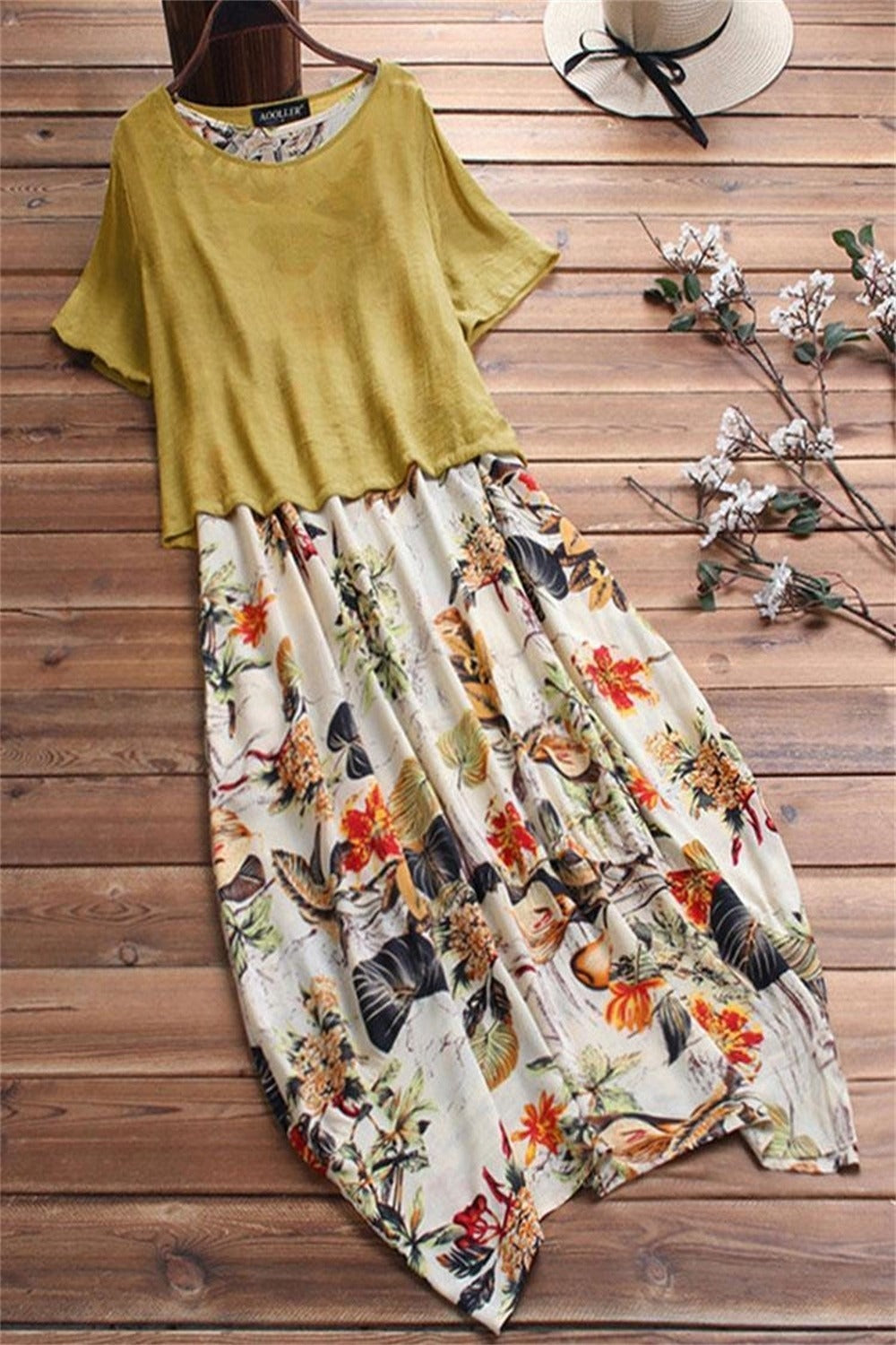 Floral Print Round Neck Short Sleeves Maxi Two Piece Dress