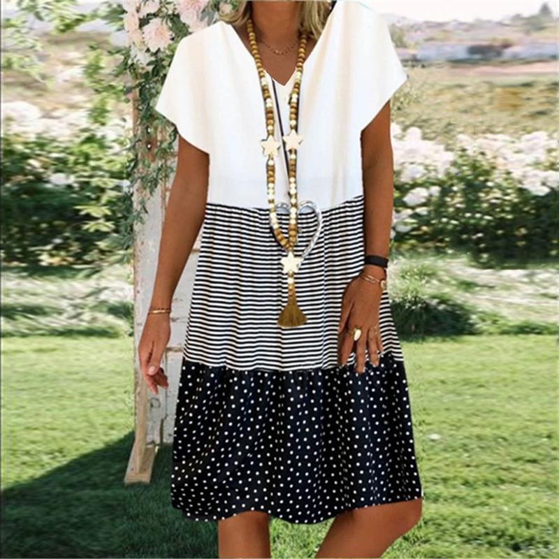 Stripe Polka Dot Print V-neck Short Sleeves Short Dress