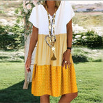 Stripe Polka Dot Print V-neck Short Sleeves Short Dress