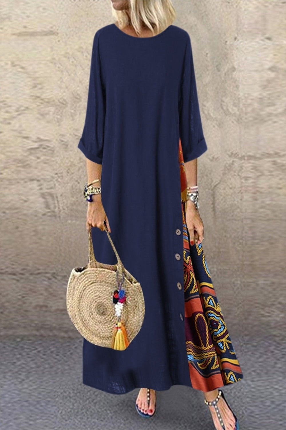 Patchwork Print O-neck 3/4 Sleeves Maxi Dress