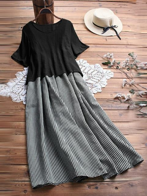 Plaid Casual Round Neck Short Sleeves Maxi Two Piece Dress