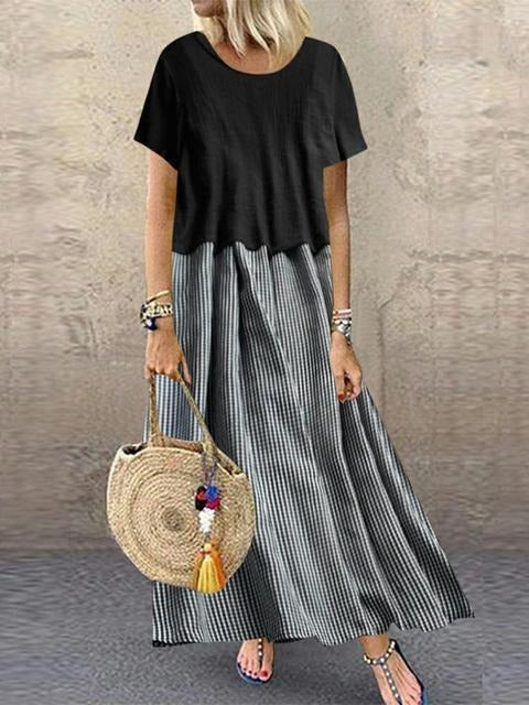 Plaid Casual Round Neck Short Sleeves Maxi Two Piece Dress