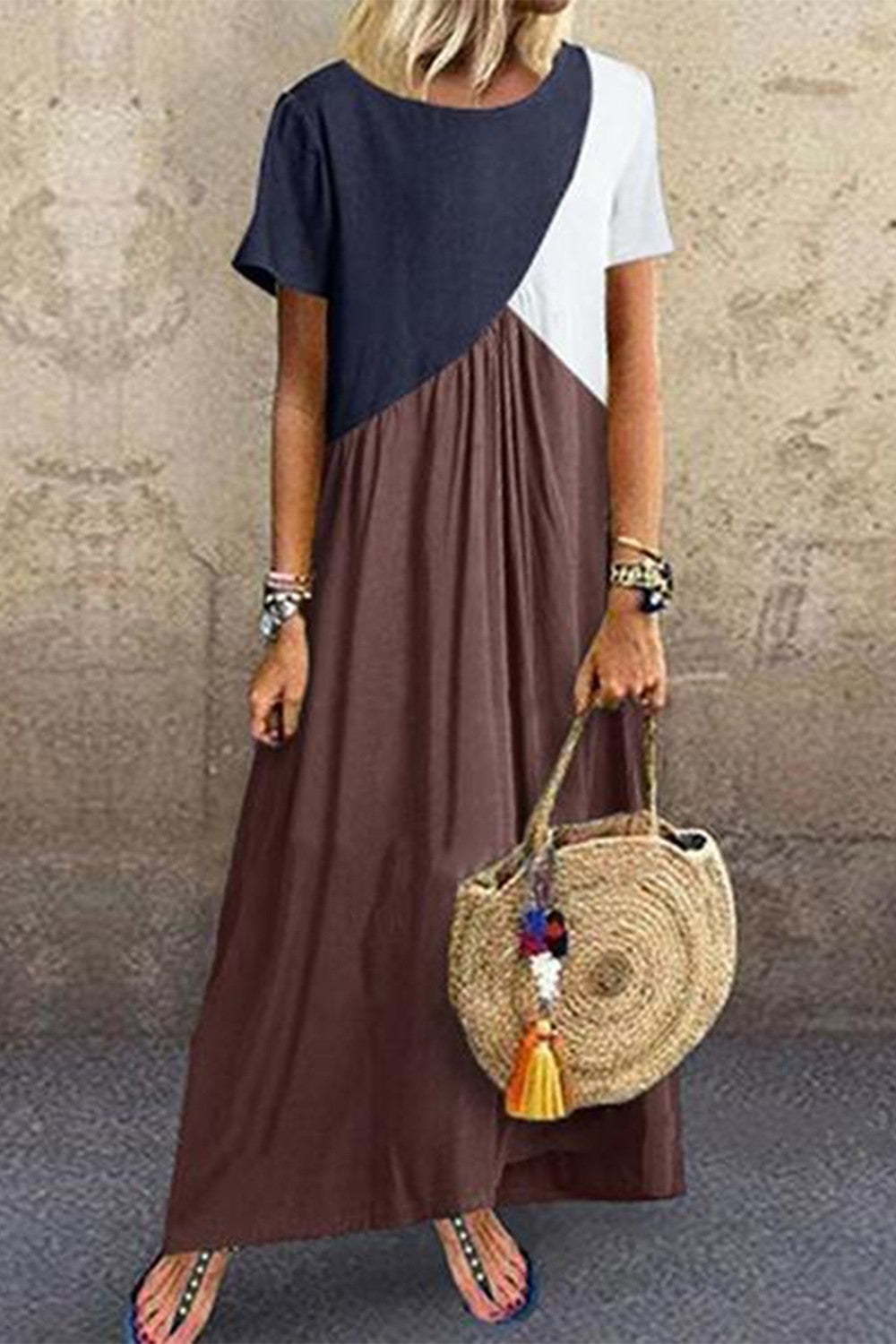 Robe maxi patchwork décontractée à col rond et manches courtes