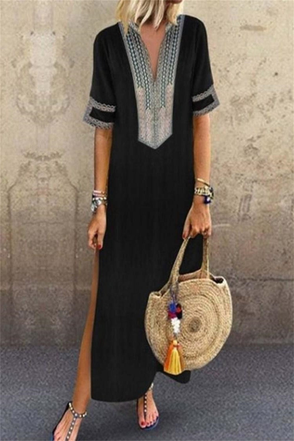 Patchwork Print V-neck Short Sleeves Maxi Dress