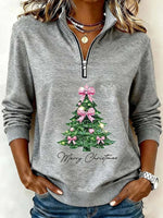 Grey Christmas Tree Print Stand Collar Long Sleeve Casual Sweatshirt