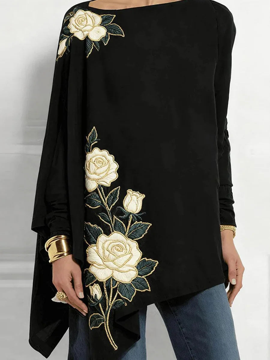 Stylish Embroidered Rose Boat Neck Long Sleeve Casual Blouse