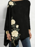 Stylish Embroidered Rose Boat Neck Long Sleeve Casual Blouse