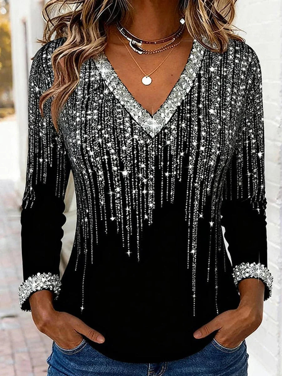Elegant Black Sequin Print V-Neck Long Sleeve Casual Blouse