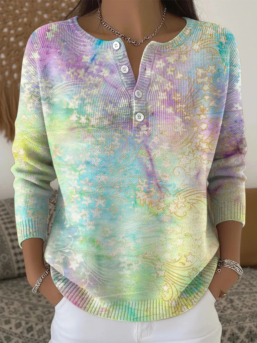 Women's Art Print Buttoned Long Sleeve Cardigan Sweater