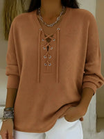 Solid V-neck Long Sleeve Tie-front Casual Pullover Sweater
