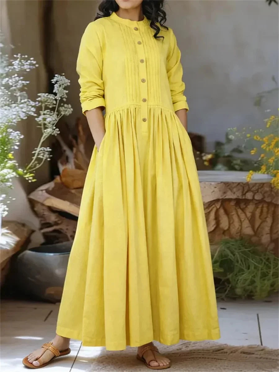 Solid Color Round Neck Buttons Long Sleeve Comfy Casual Maxi Dress