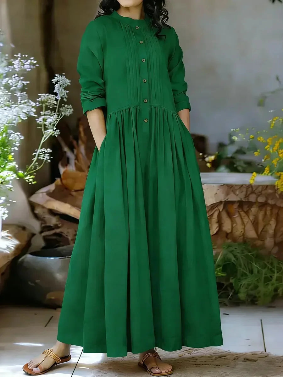 Solid Color Round Neck Buttons Long Sleeve Comfy Casual Maxi Dress
