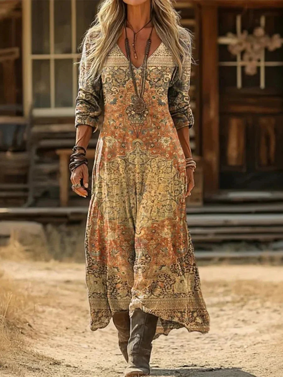 Vintage Ethnic Floral Print V-neck Long Sleeve Casual Maxi Dress