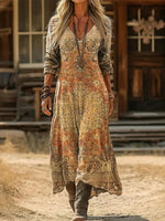 Vintage Ethnic Floral Print V-neck Long Sleeve Casual Maxi Dress