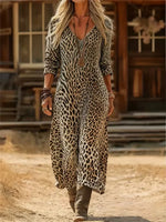 Leopard Print V-neck Long Sleeve Casual Comfy Maxi Dress