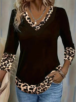 Leopard Print V-neck Long Sleeve Casual Comfy T-Shirt