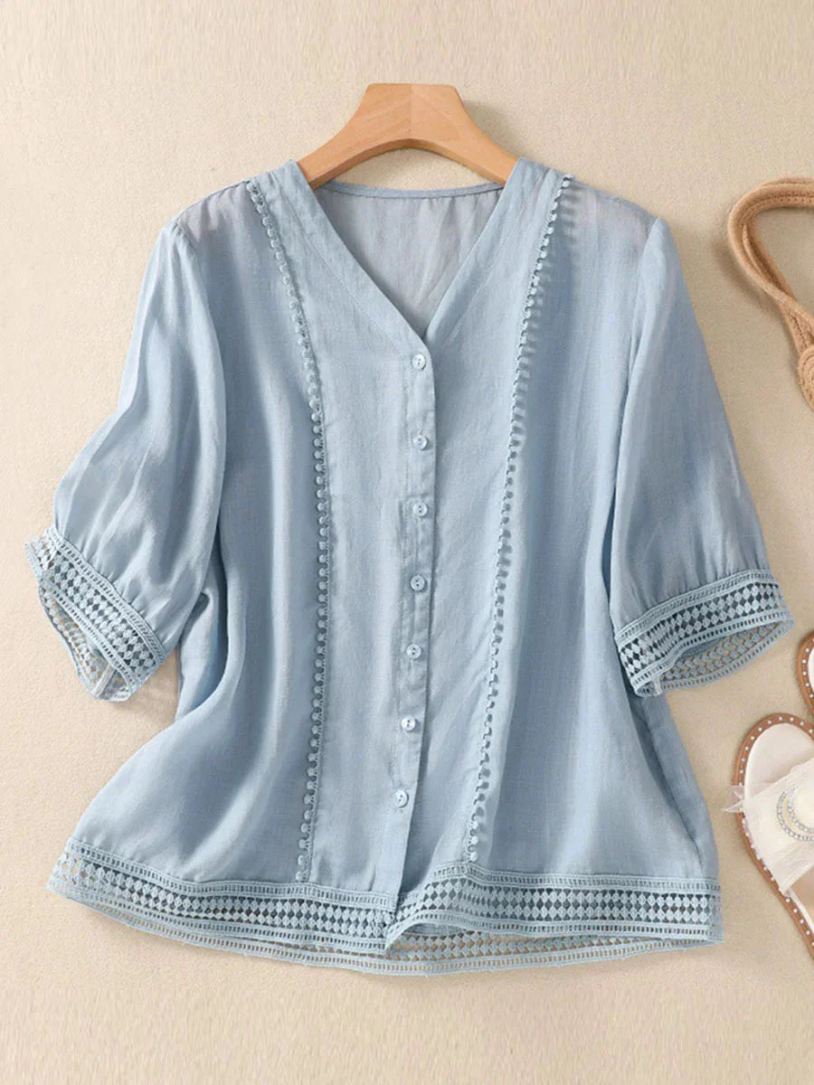 Plain V-neck 3/4 Sleeve Buttons Casual Loose Shirt