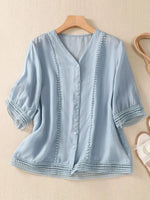 Plain V-neck 3/4 Sleeve Buttons Casual Loose Shirt