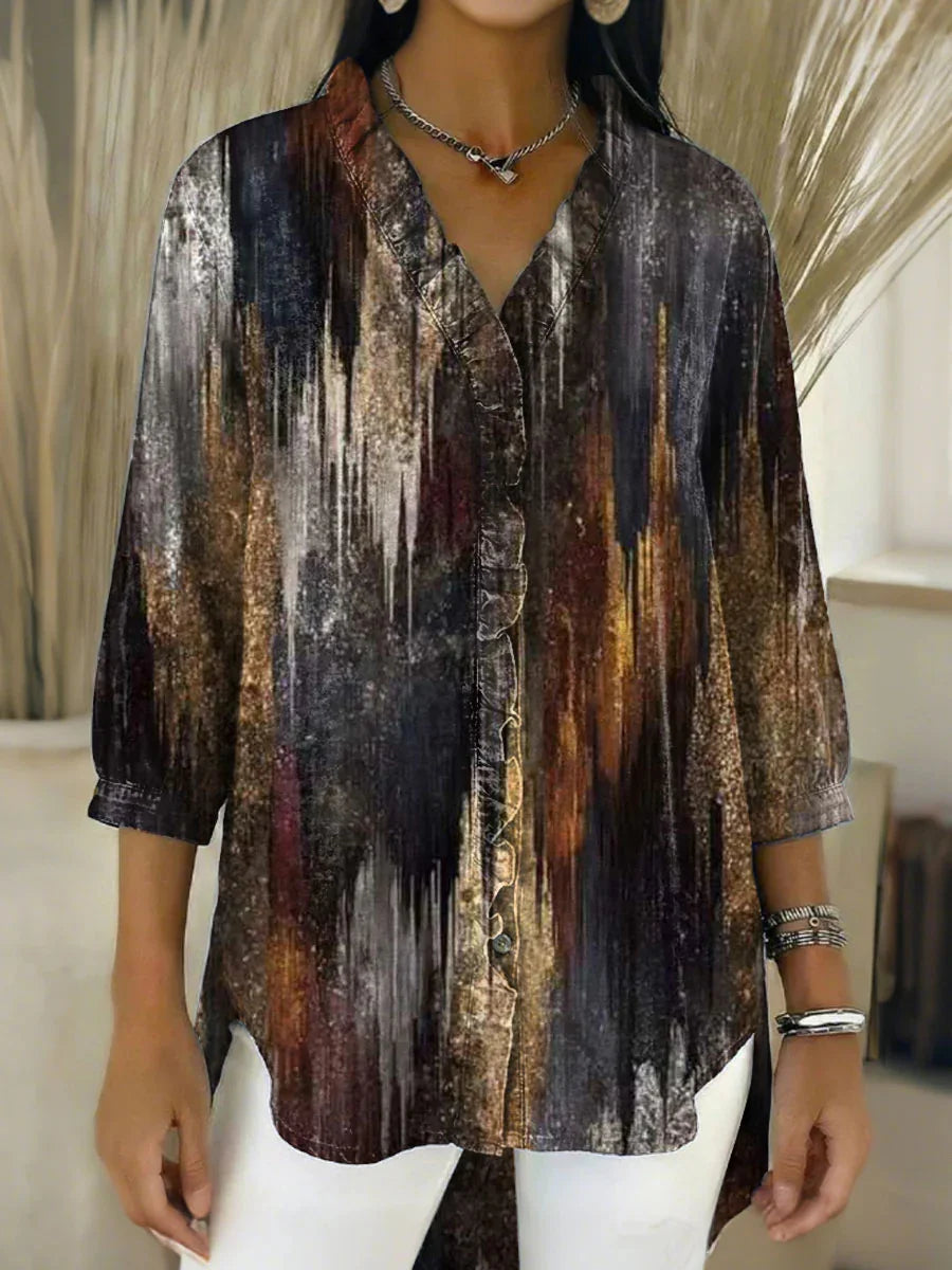 Vintage Abstract Art Print V-neck 3/4 Sleeve Loose Casual Shirt