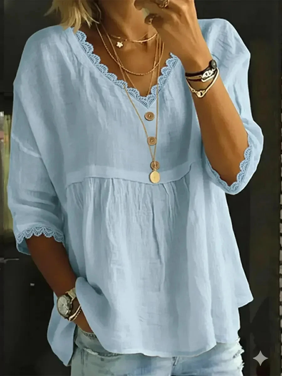 Classic Plain Lace V-neck 3/4 Sleeve Loose Casual Shirt