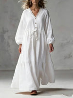 Cozy White Lace V-neck Long Sleeve Casual Comfy Maxi Dress