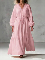 Cozy White Lace V-neck Long Sleeve Casual Comfy Maxi Dress