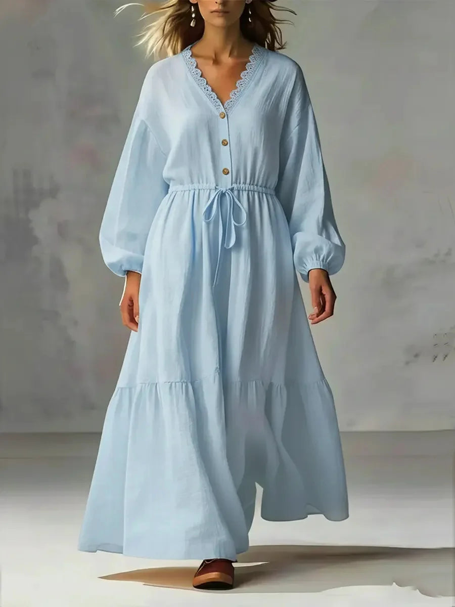 Cozy White Lace V-neck Long Sleeve Casual Comfy Maxi Dress