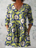 Women's Vintage Lovely Art Print Casual V-Neck 3/4 Sleeve Shirt