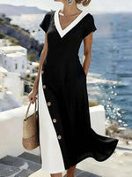 Elegant Black Color Block V-neck Short Sleeve Buttons Casual Midi Dress