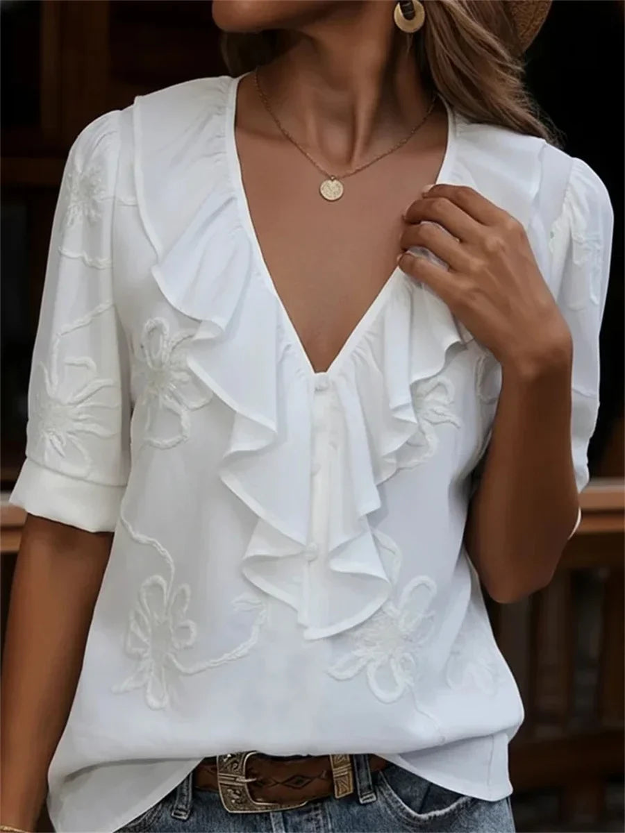 Stylish Floral Print Ruffled V-neck Short Sleeve Loose Casual Shirt