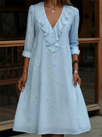 Vintage Ruffled V-neck Floral Printed Long Sleeve Dress