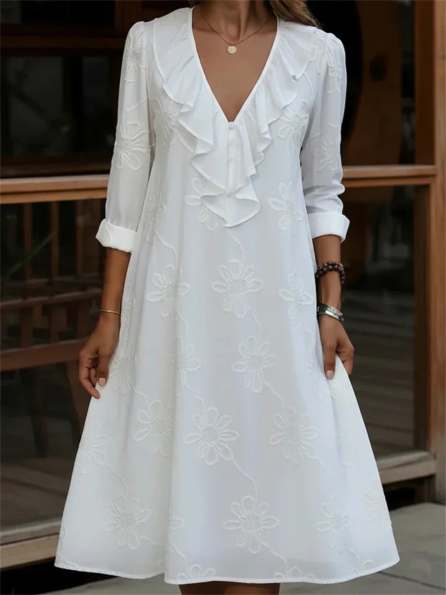 Vintage Ruffled V-neck Floral Printed Long Sleeve Dress