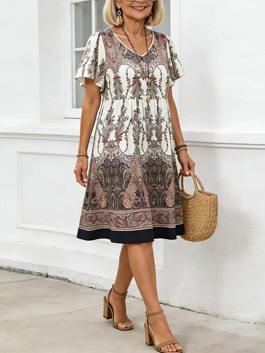 Boho-Inspired Printed V-neck Short Sleeve Mini Dress