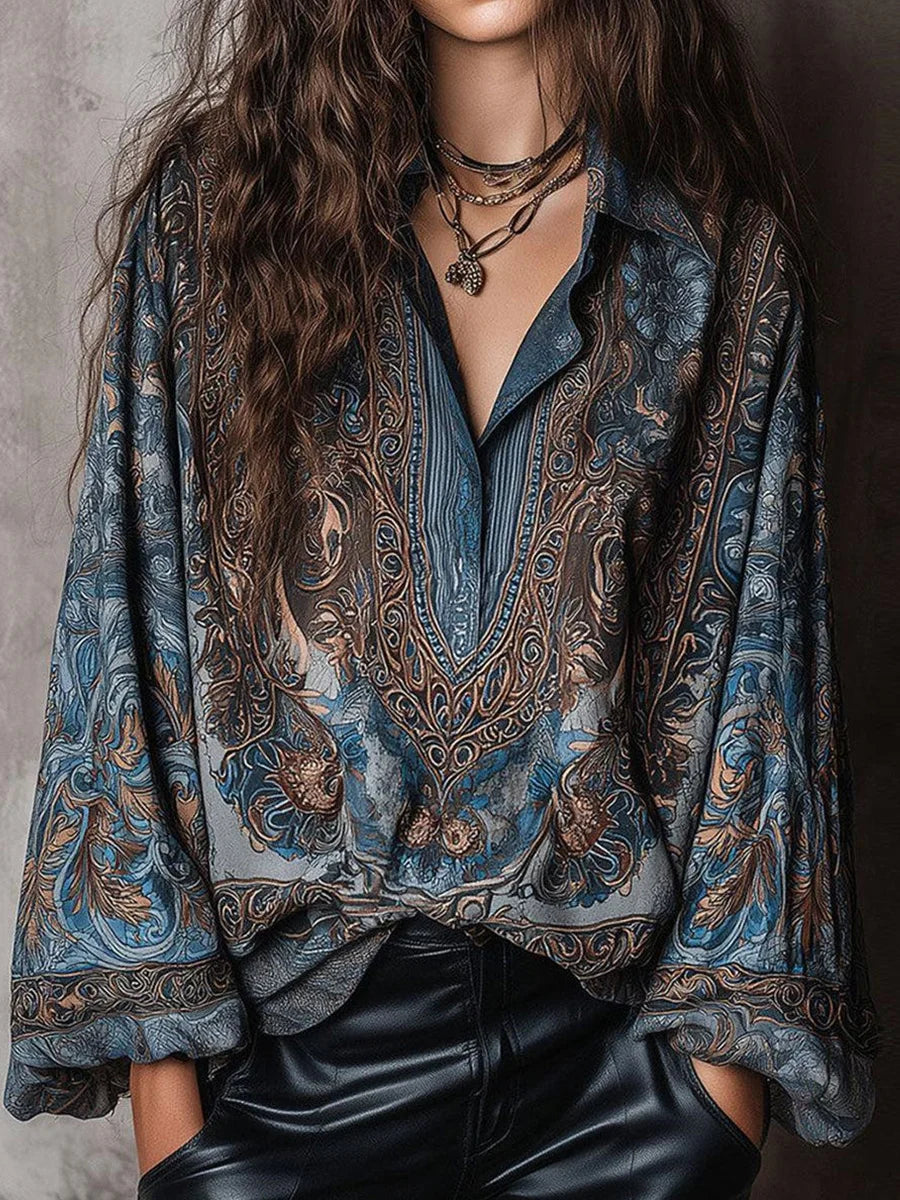 Boho Blue Printed V-neck Long Sleeve Silk Blouse