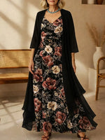 Black Floral Print V-neck 3/4 Sleeve Comfy Maxi Dress With Jacket