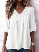 Classic White Plain V-Neck 3/4 Sleeve Top