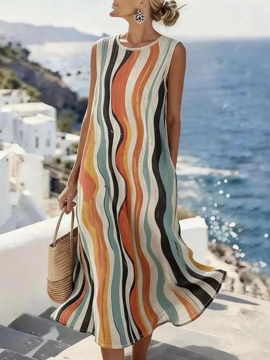 Colorful Wavy Stripe Round Neck Sleeveless Midi Dress