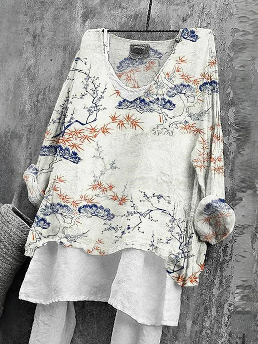 Women's Grey Bamboo Print Long Sleeve Top