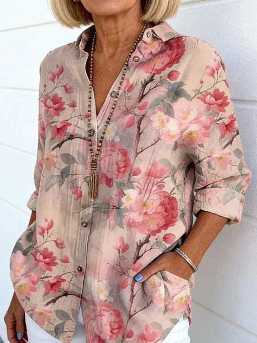 Lovely Pink Floral Print Long Sleeve Blouse