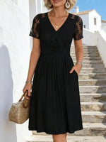 Black V-Neck Short Sleeve Midi Dress