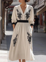Chic Side Pocket V-Neck Long Sleeve Midi Dress