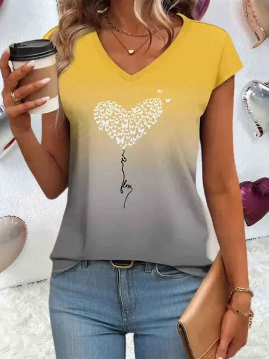Gradient Heart Print V-neck Short Sleeve T-Shirt