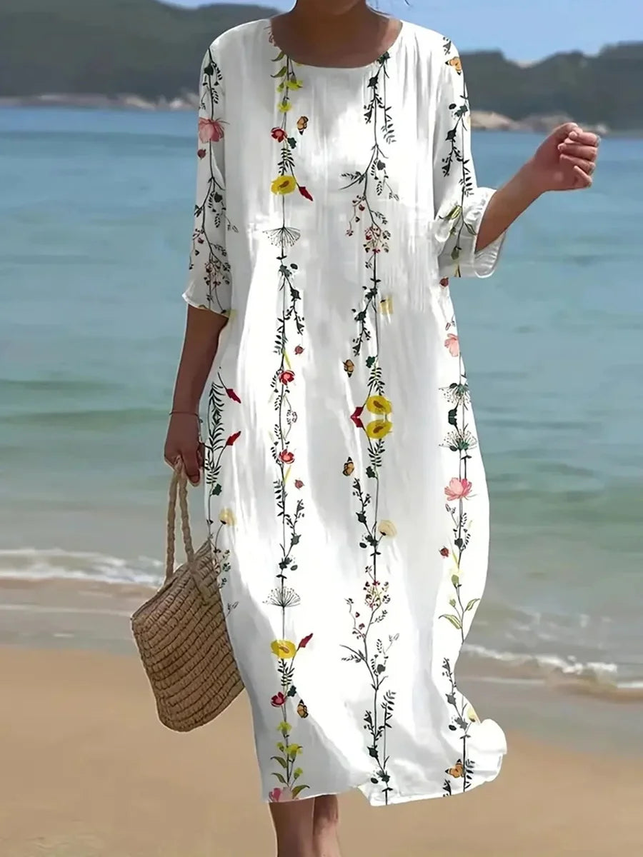 Loose Floral Printed Crew Neck Short Sleeve Maxi Dress