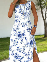 Floral Printed Crew Neck Sleeveless Tank A-Line Dress