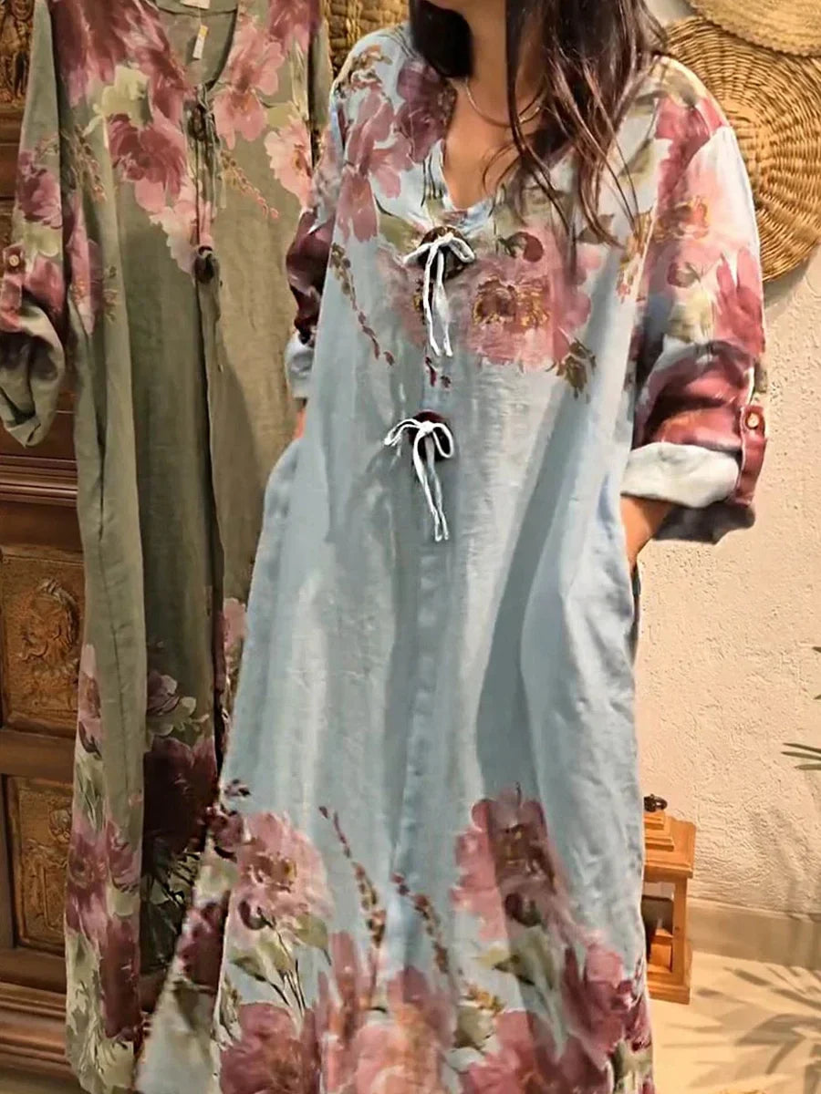 Vintage V-neck Long Sleeve Floral Print Casual Loose Dress