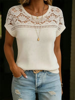 Women's Casual Patchwork Lace Crew Neck Short Sleeve Top
